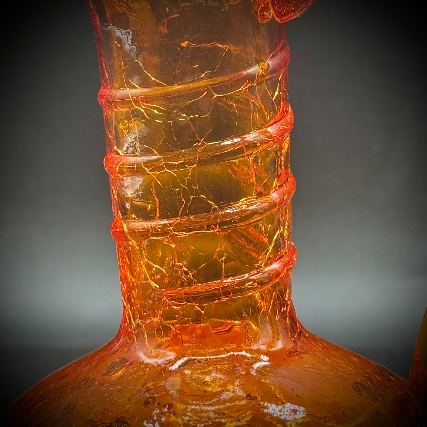 Vintage Long Neck Amberina Crackle Glass Handled Pitcher