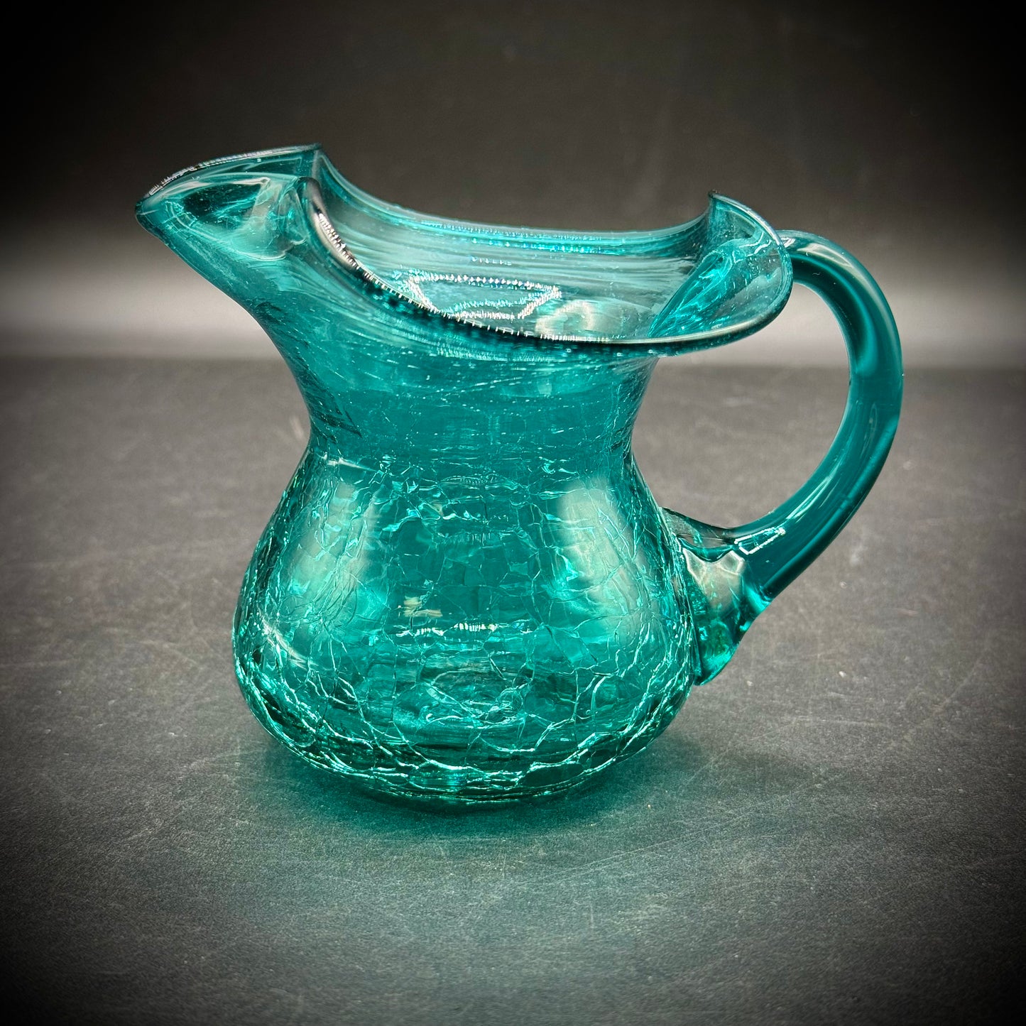 Vintage Aqua Crackle Glass Handled Pitcher