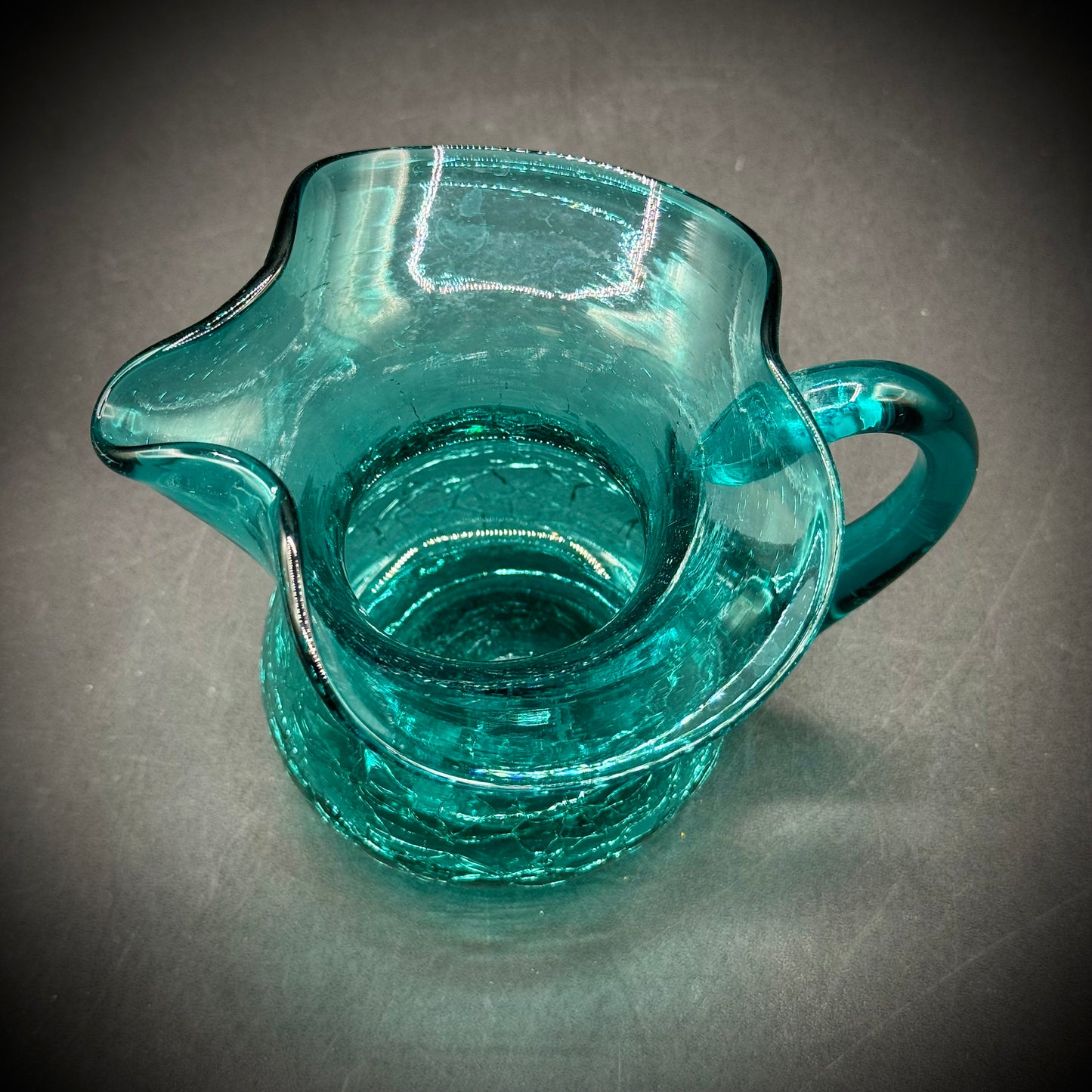 Vintage Aqua Crackle Glass Handled Pitcher