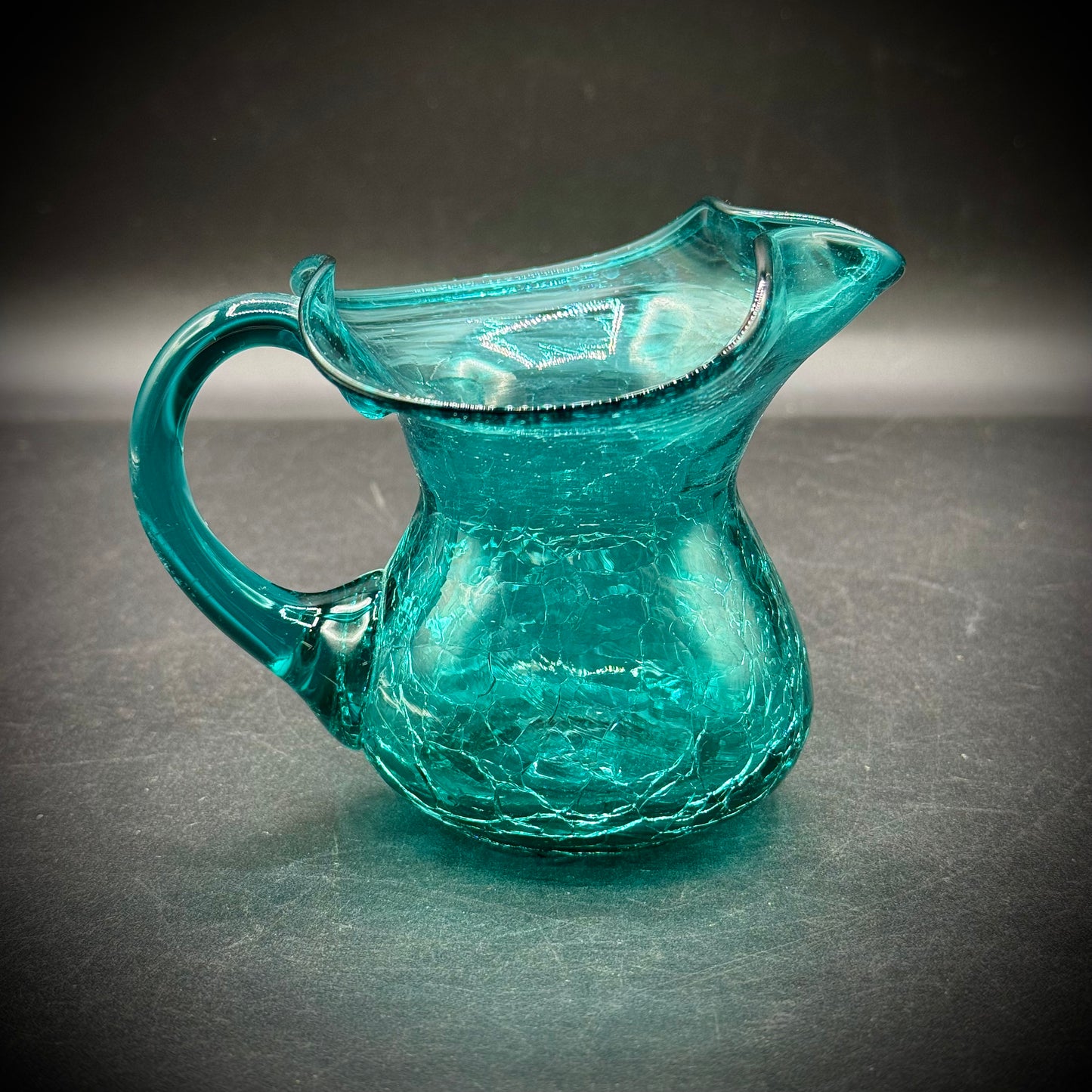 Vintage Aqua Crackle Glass Handled Pitcher