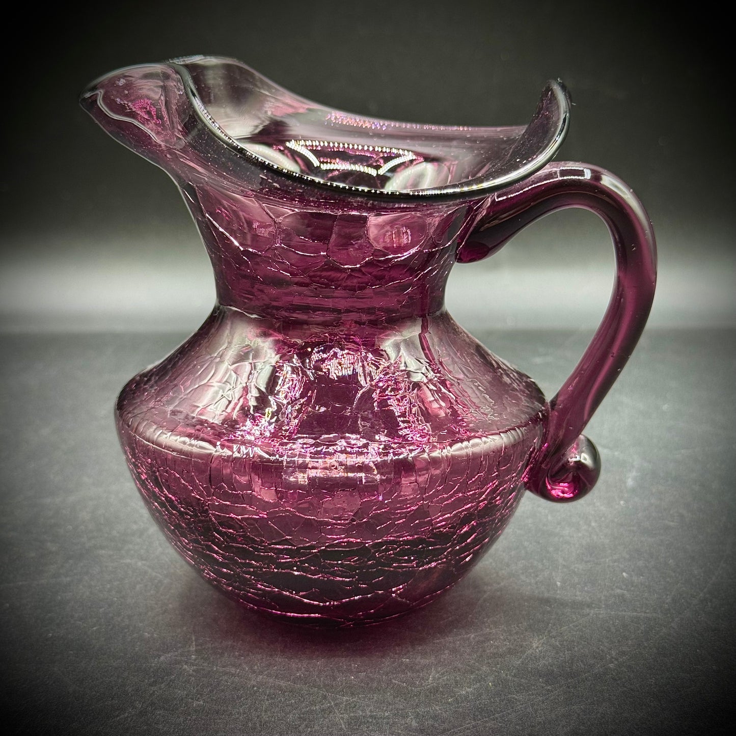 Vintage Dark Purple Crackle Glass Handled Pitcher