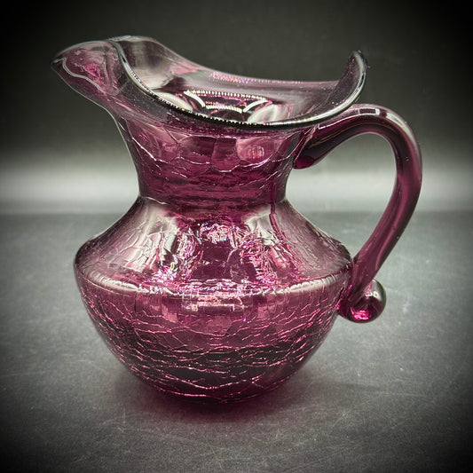 Vintage Dark Purple Crackle Glass Handled Pitcher