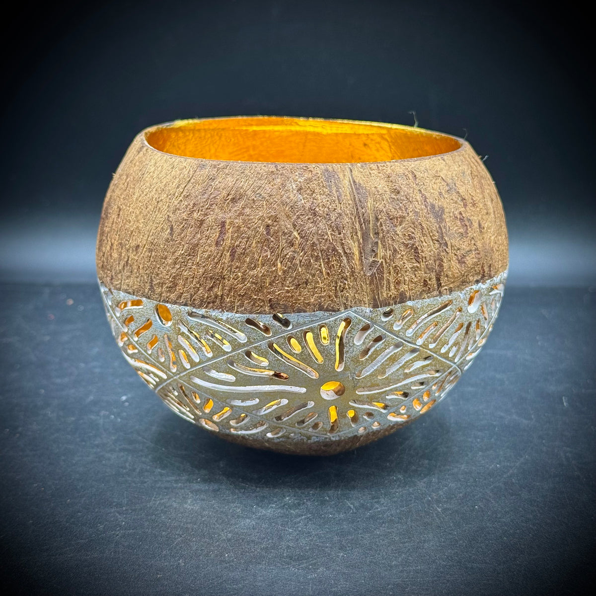 Carved Coconut Shell with Gold Painted Interior