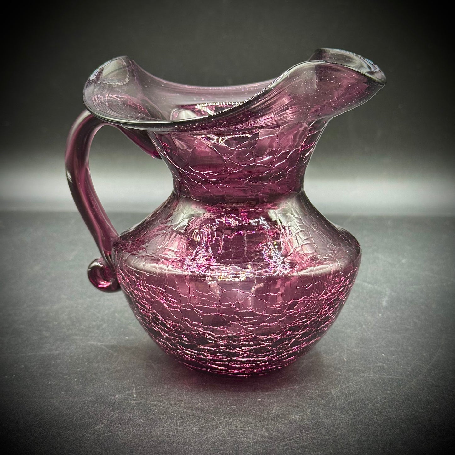 Vintage Dark Purple Crackle Glass Handled Pitcher