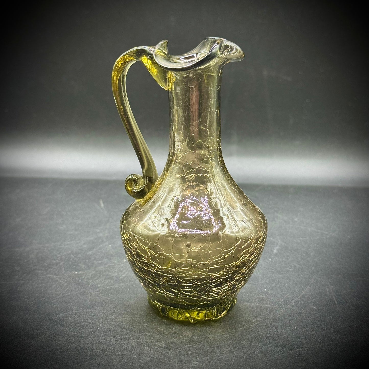 Vintage Olive Green Crackle Glass Handled Pitcher