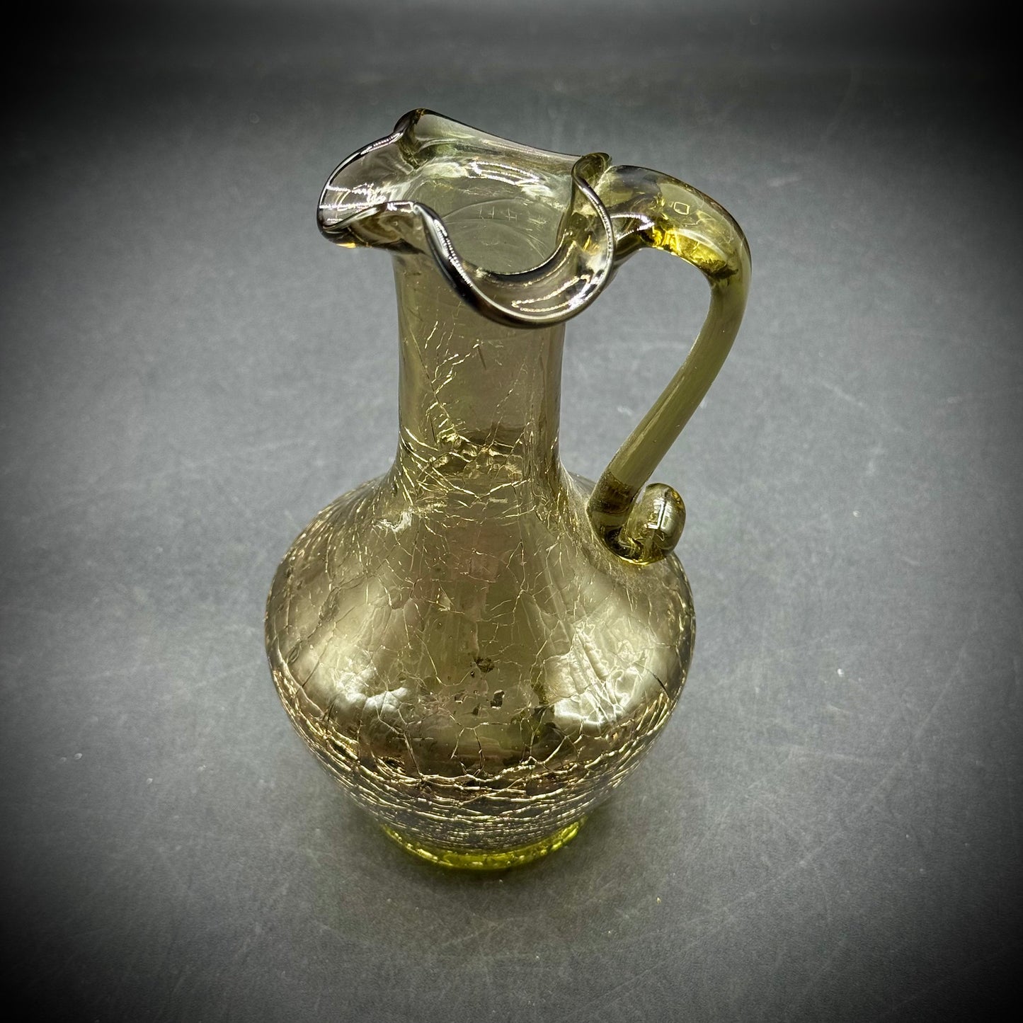 Vintage Olive Green Crackle Glass Handled Pitcher