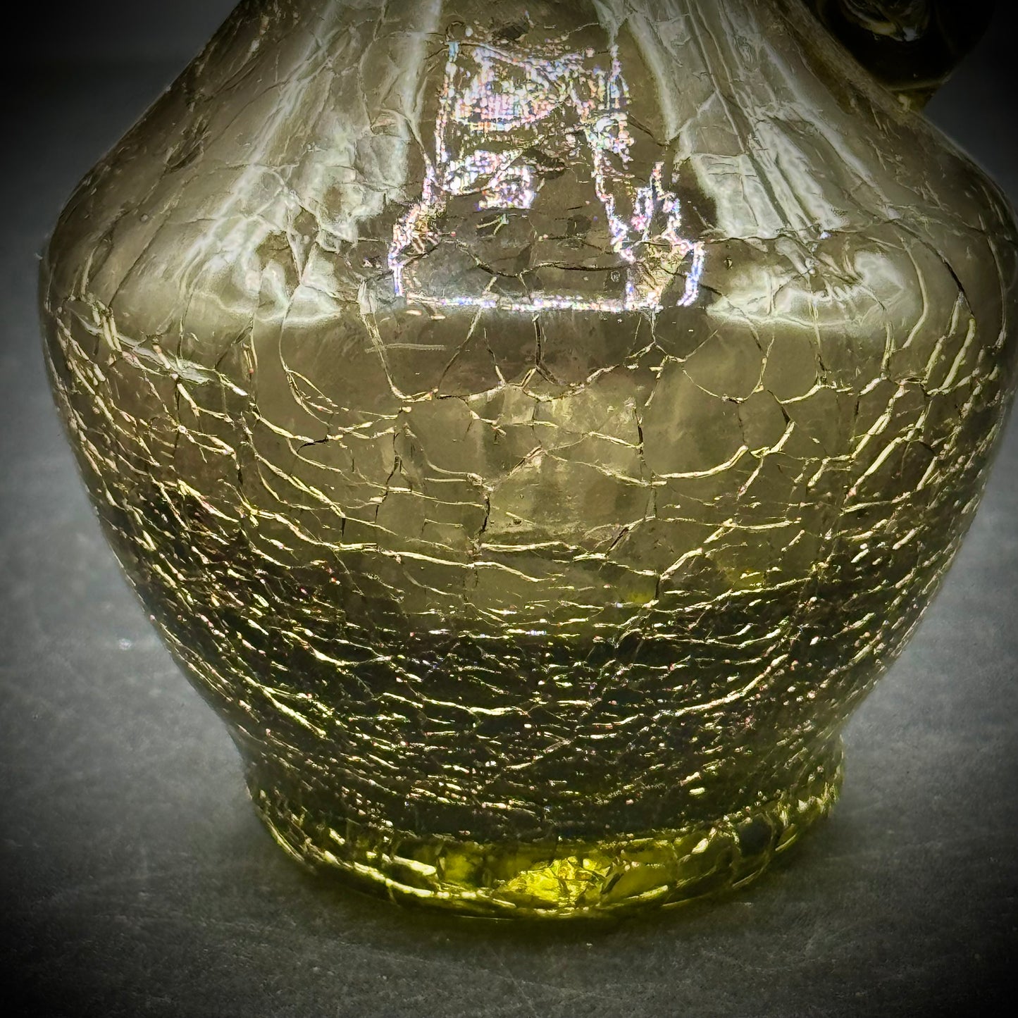 Vintage Olive Green Crackle Glass Handled Pitcher
