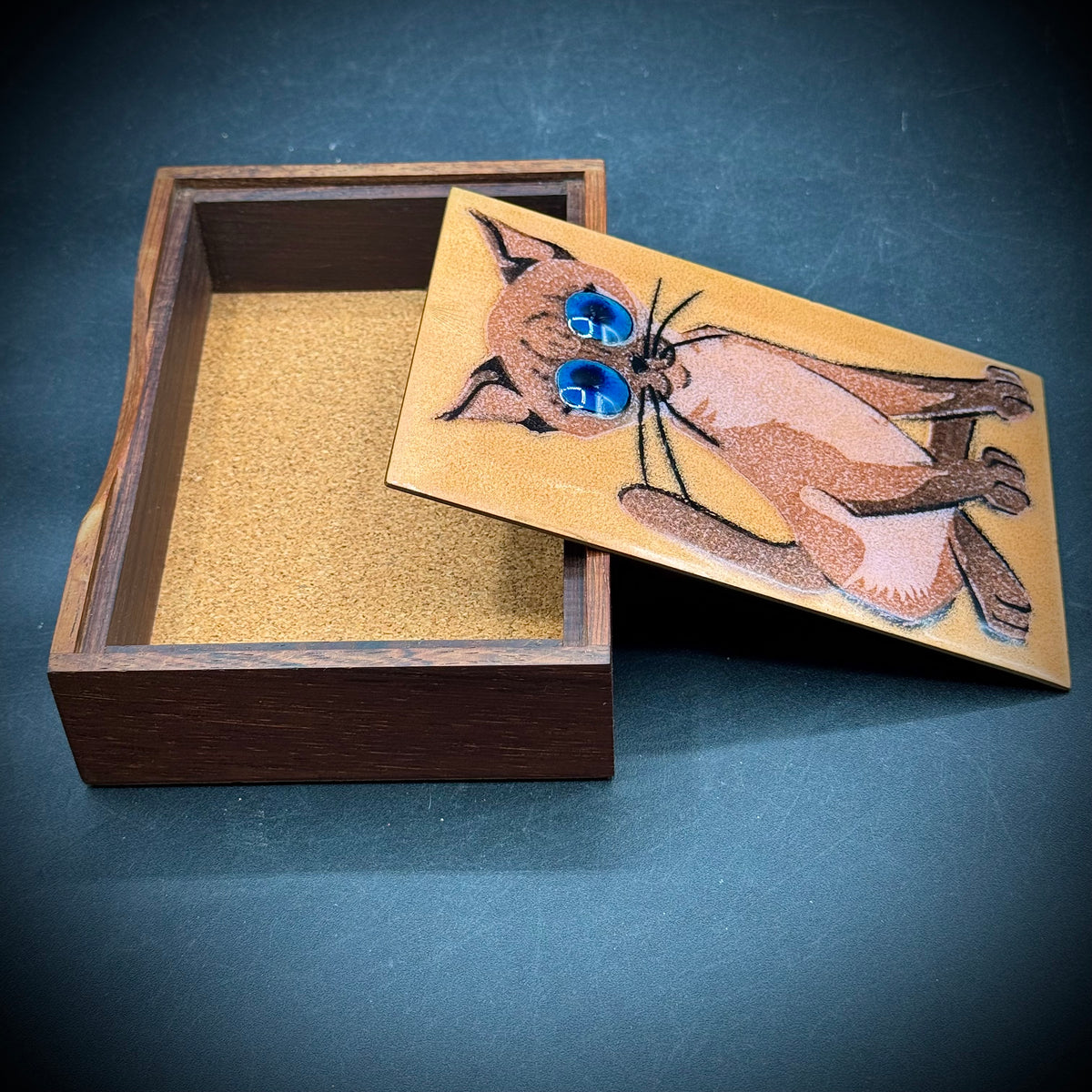 Vintage MCM Anne Marie Davidson Enamel & Wood Cat Motif Box