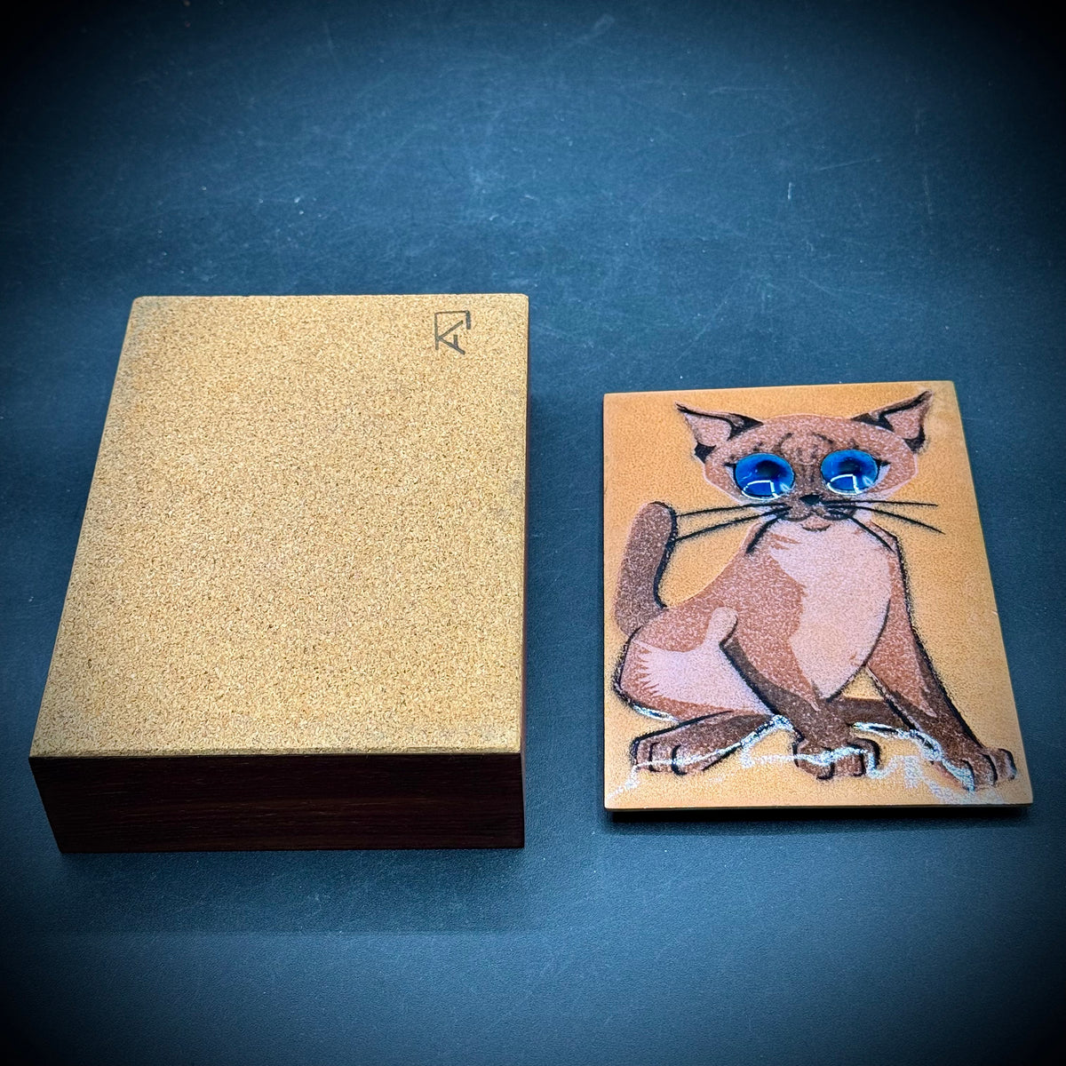 Vintage MCM Anne Marie Davidson Enamel & Wood Cat Motif Box