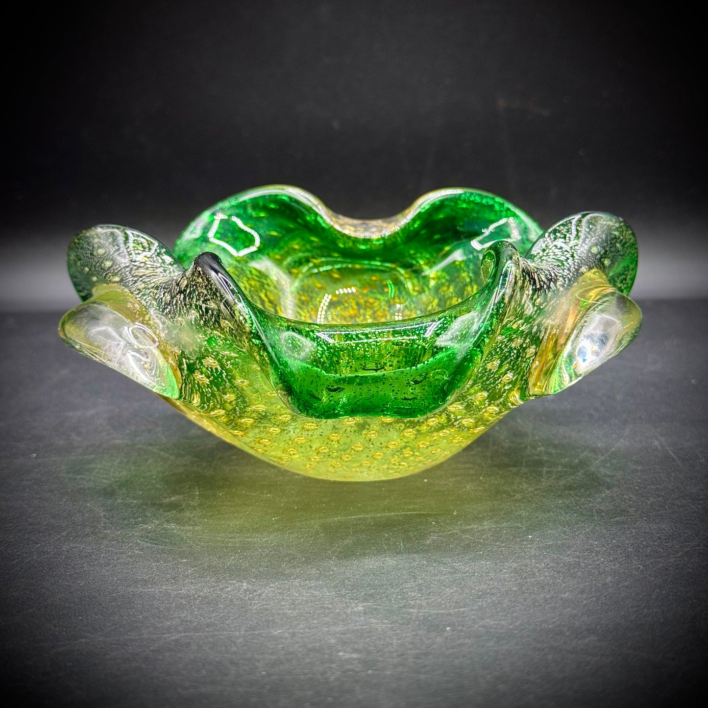 Stunning Murano Green and Gold Free Form Bowl