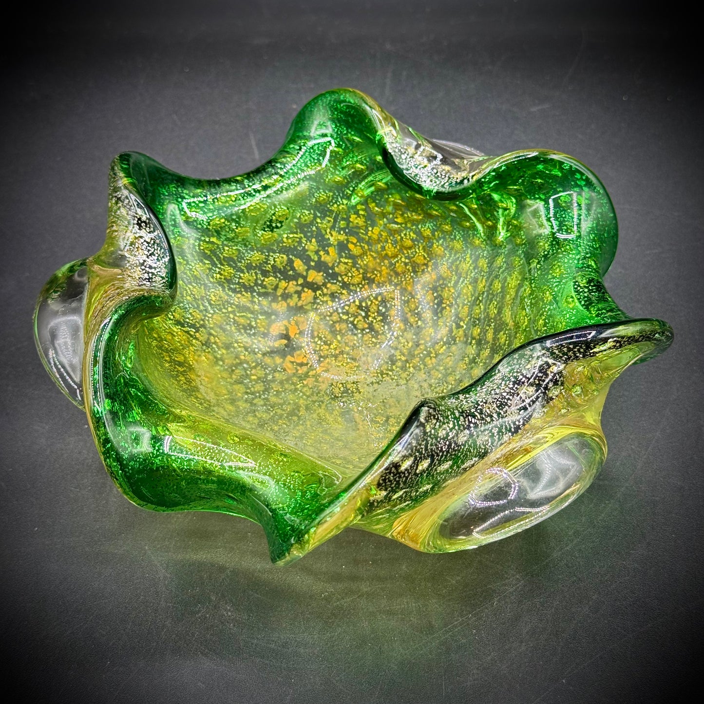 Stunning Murano Green and Gold Free Form Bowl