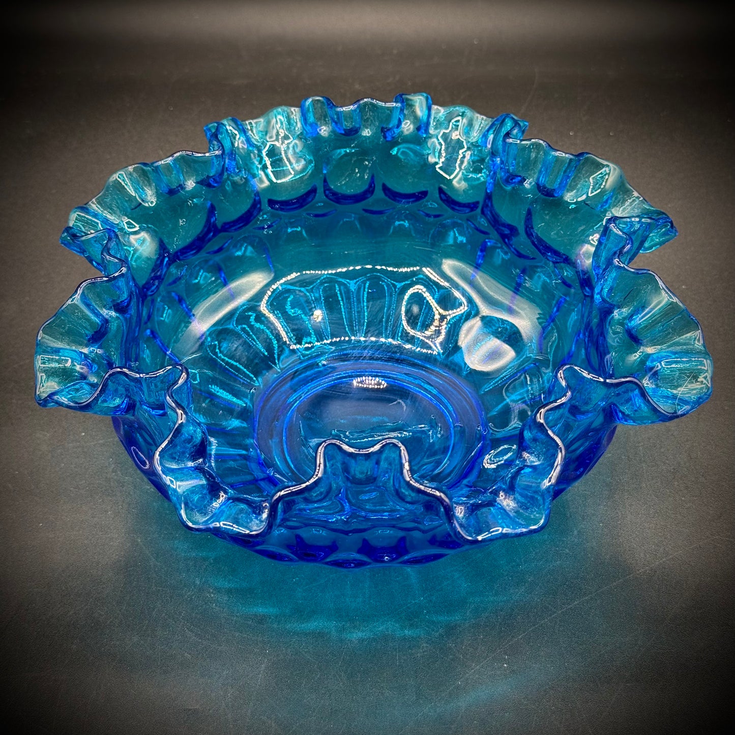 Vintage Fenton Blue Glass Ruffle Dish