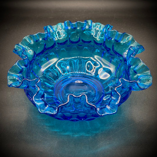 Vintage Fenton Blue Glass Ruffle Dish