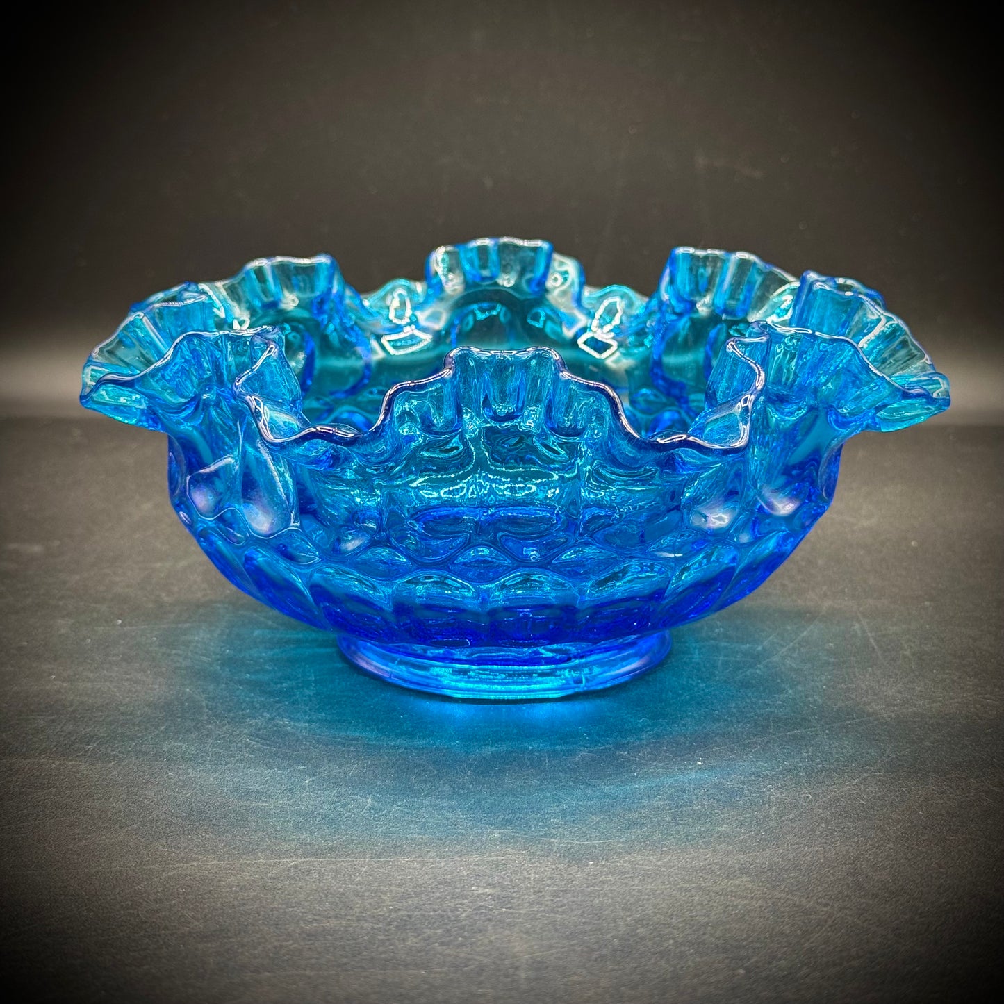 Vintage Fenton Blue Glass Ruffle Dish