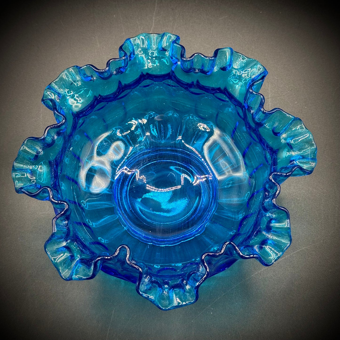 Vintage Fenton Blue Glass Ruffle Dish