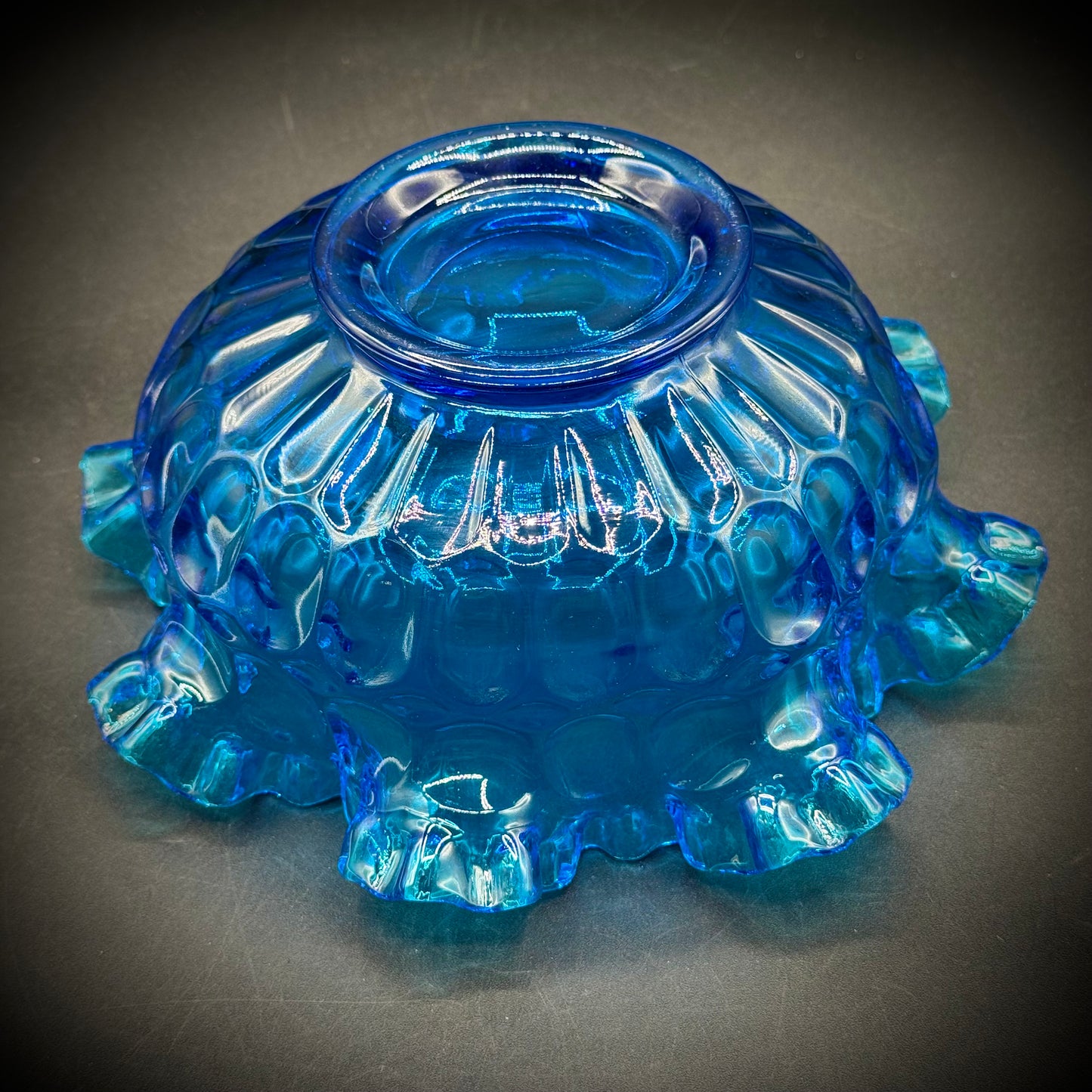 Vintage Fenton Blue Glass Ruffle Dish