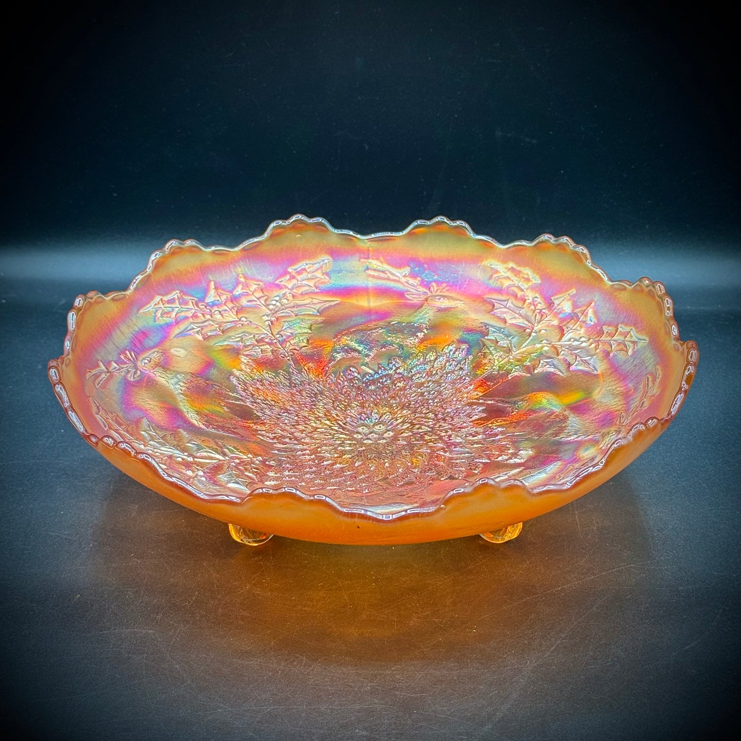 Large Carnival Glass Footed Dish - Stag & Holly Marigold