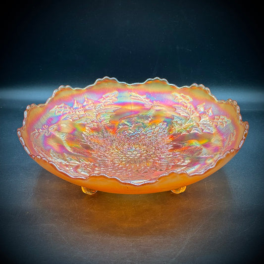 Large Carnival Glass Footed Dish - Stag & Holly Marigold