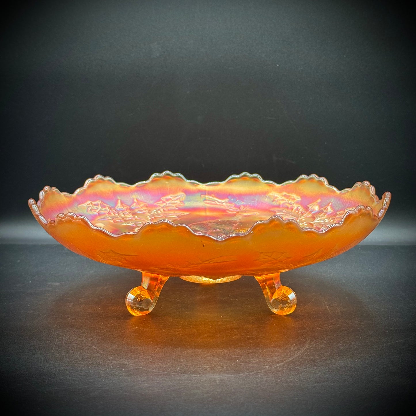 Large Carnival Glass Footed Dish - Stag & Holly Marigold
