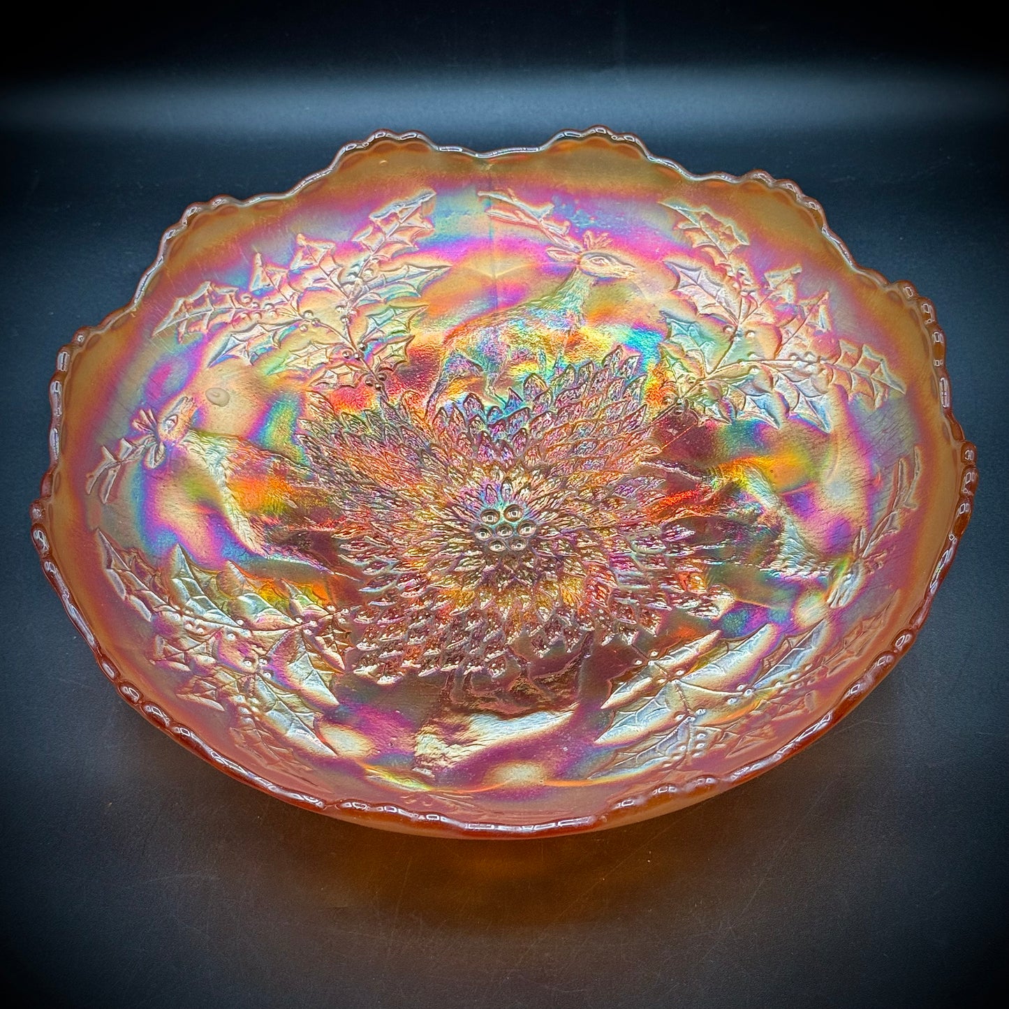 Large Carnival Glass Footed Dish - Stag & Holly Marigold