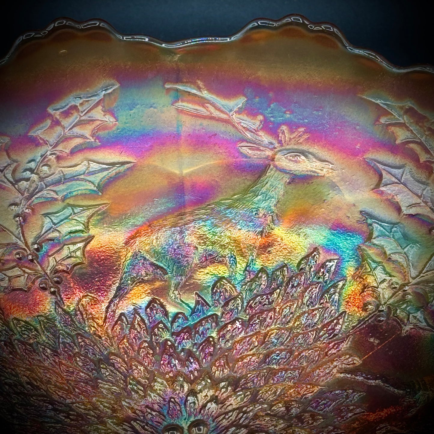 Large Carnival Glass Footed Dish - Stag & Holly Marigold