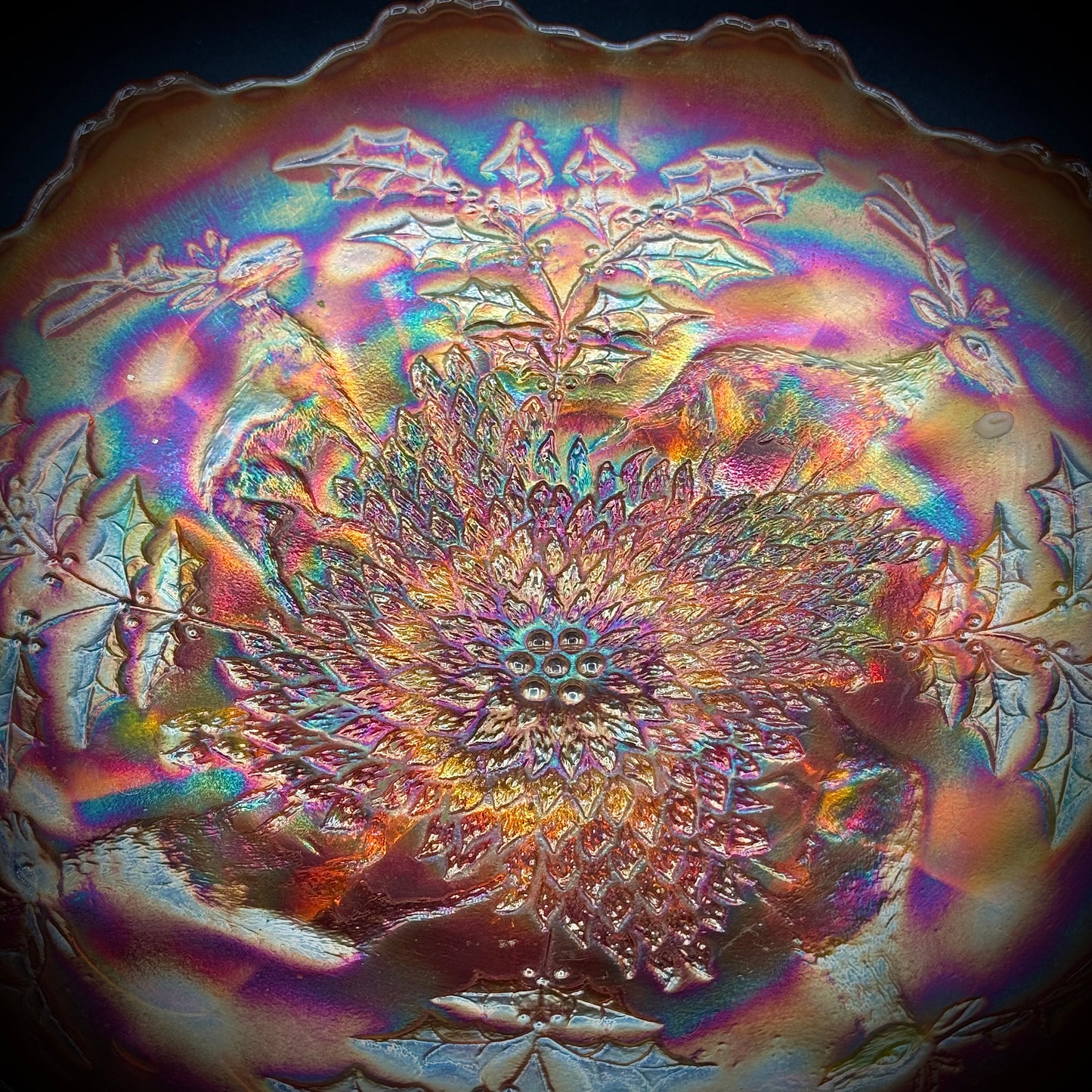 Large Carnival Glass Footed Dish - Stag & Holly Marigold