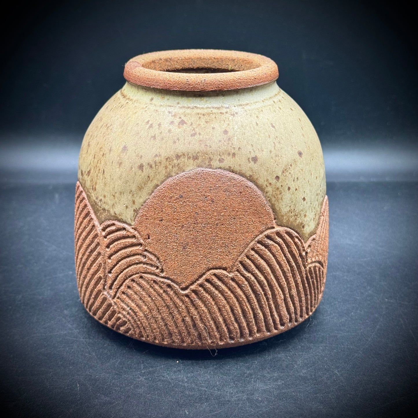Artist Signed "Sunrise Over Mountains" Speckled Pottery Vase
