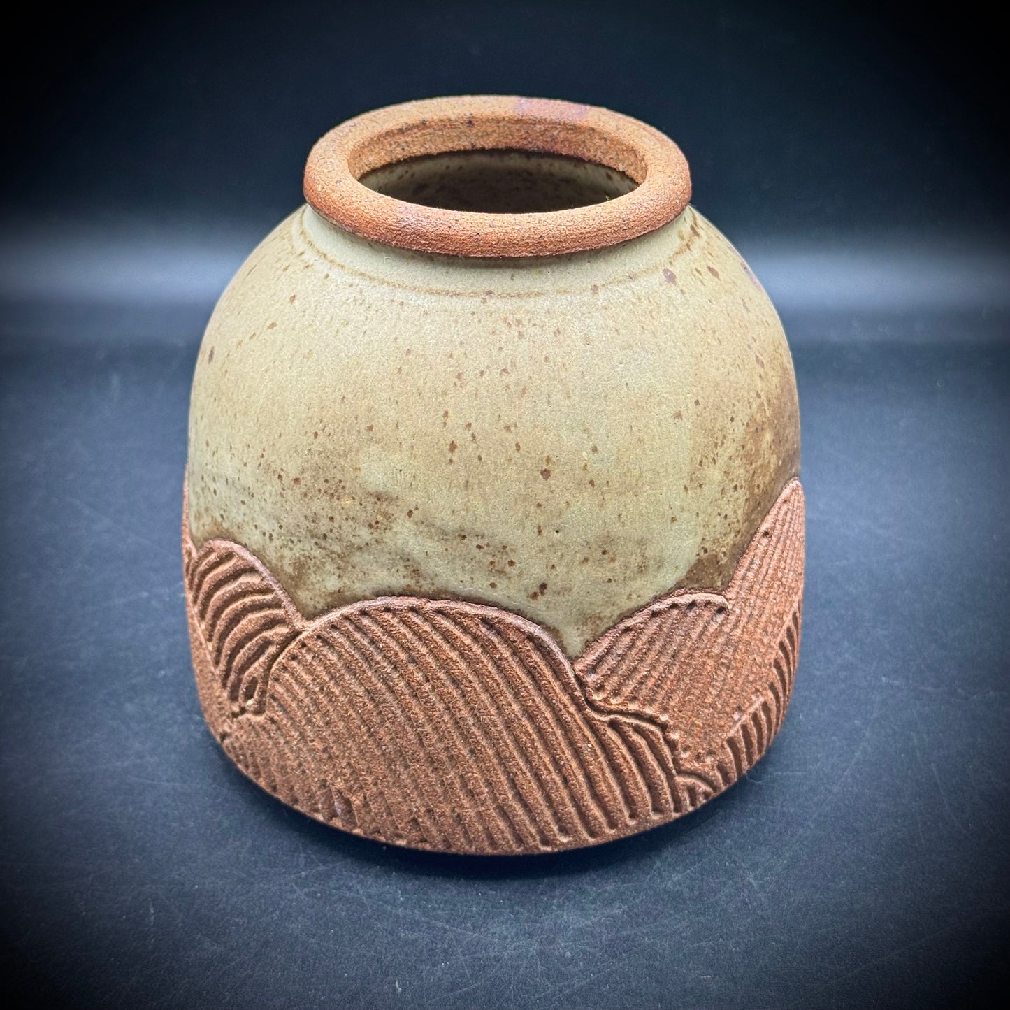 Artist Signed "Sunrise Over Mountains" Speckled Pottery Vase