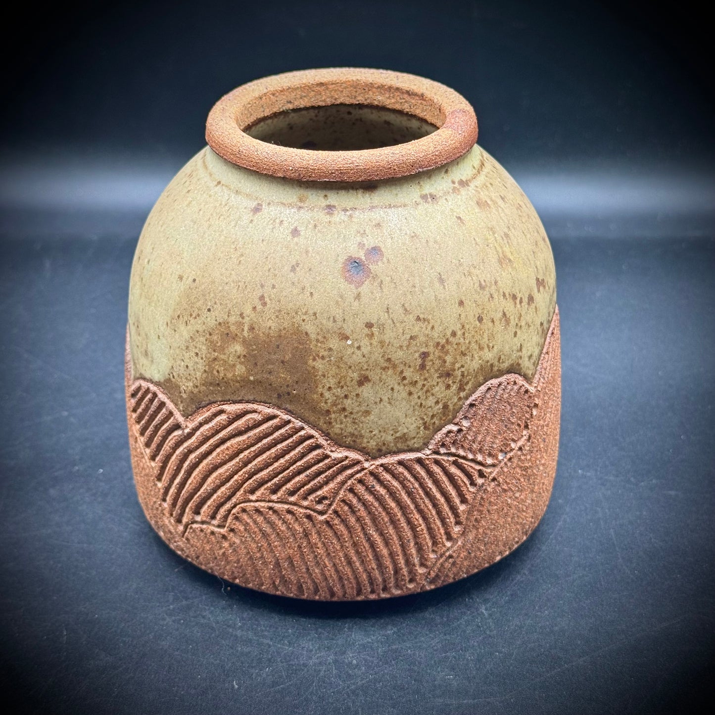 Artist Signed "Sunrise Over Mountains" Speckled Pottery Vase