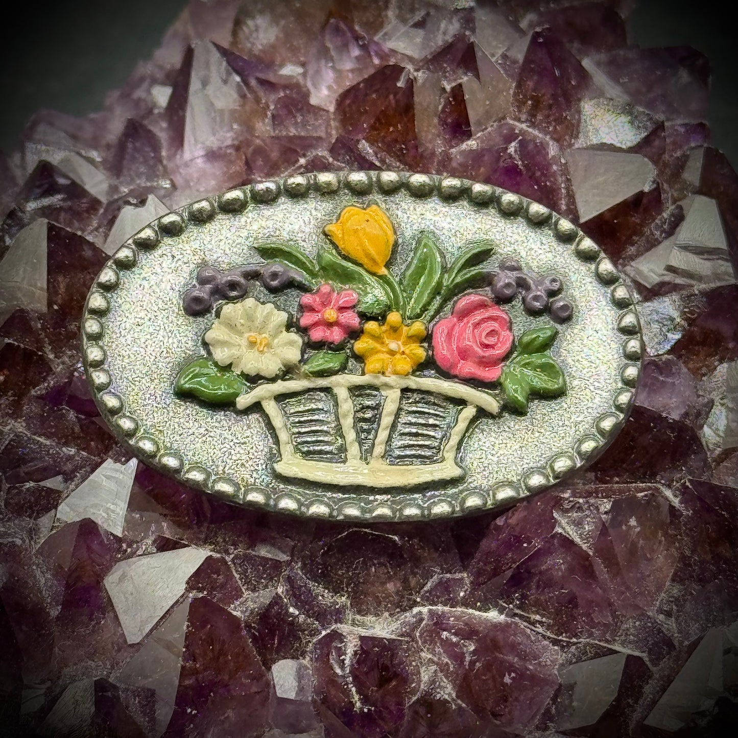 Vintage Artist Kuhn Alpaca Silver Flower Basket Motif Brooch