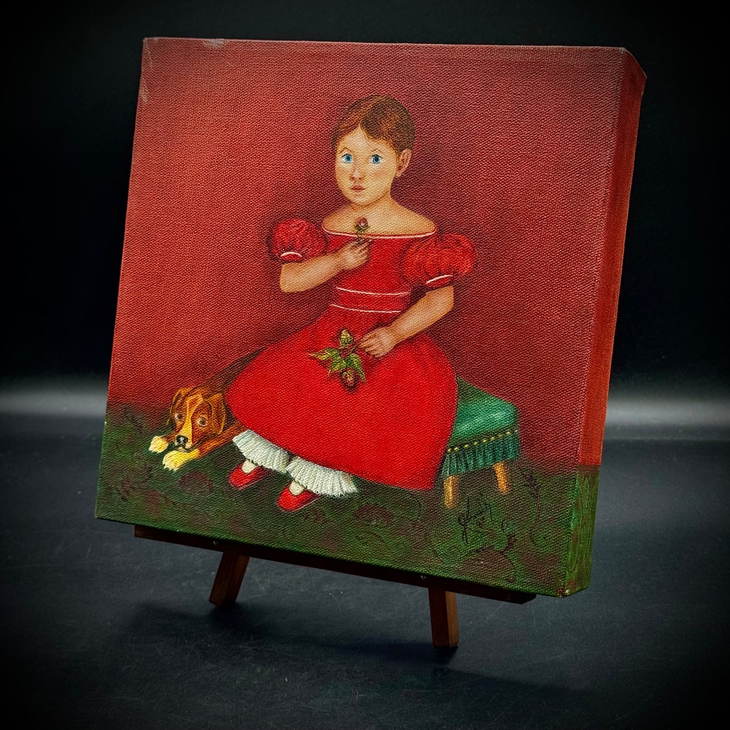 Vintage Artist Signed Original 18th Century Itinerant American Style Portrait with Easel