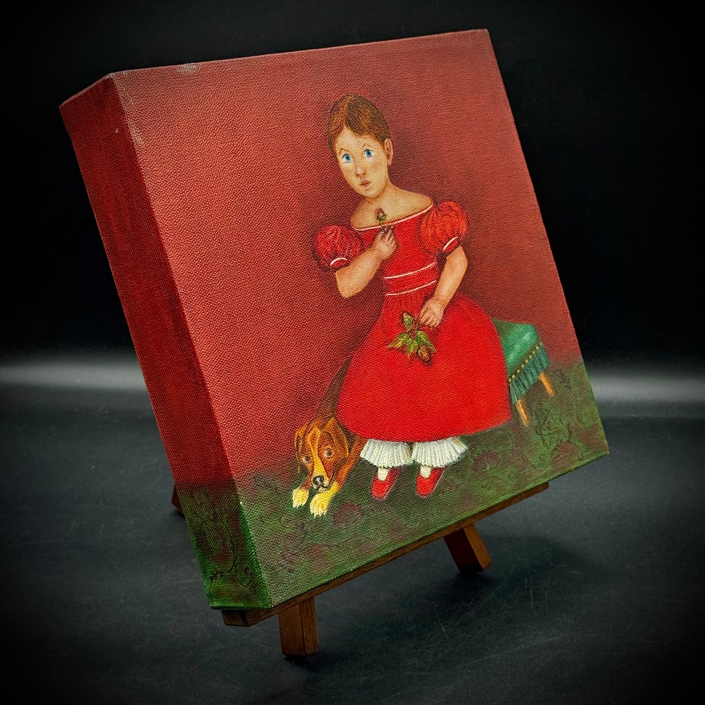 Vintage Artist Signed Original 18th Century Itinerant American Style Portrait with Easel