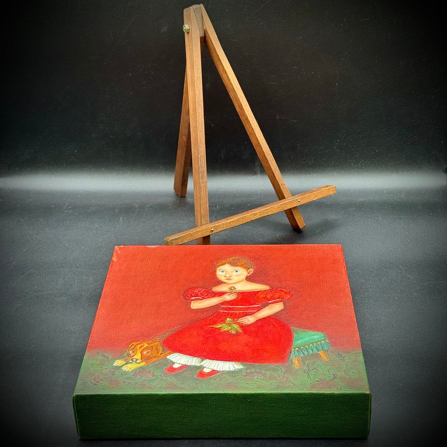 Vintage Artist Signed Original 18th Century Itinerant American Style Portrait with Easel