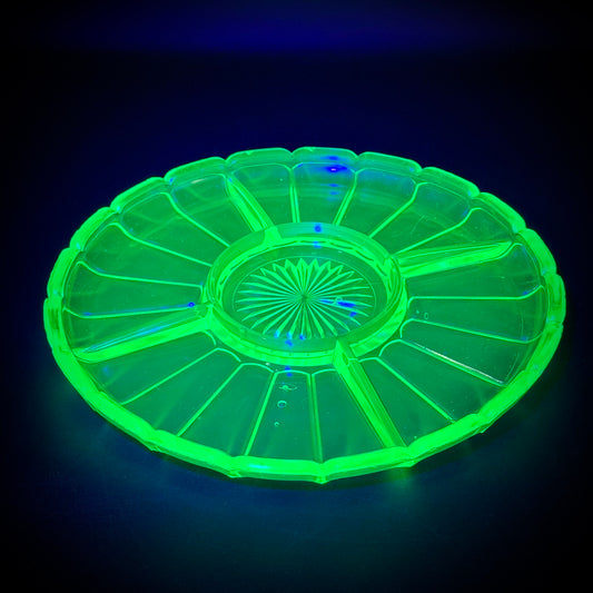 Vintage Uranium Depression Glass Divided Relish Plate