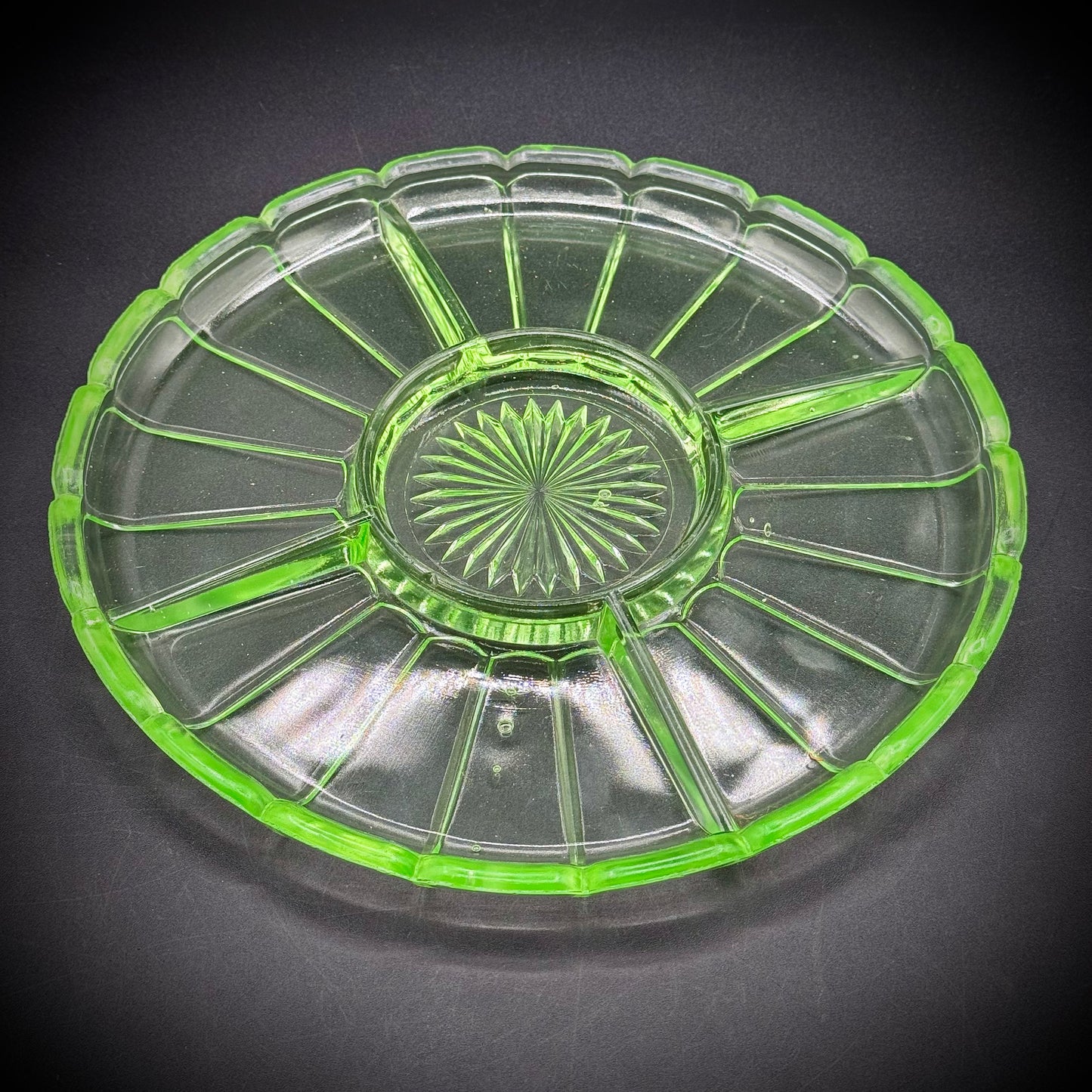 Vintage Uranium Depression Glass Divided Relish Plate