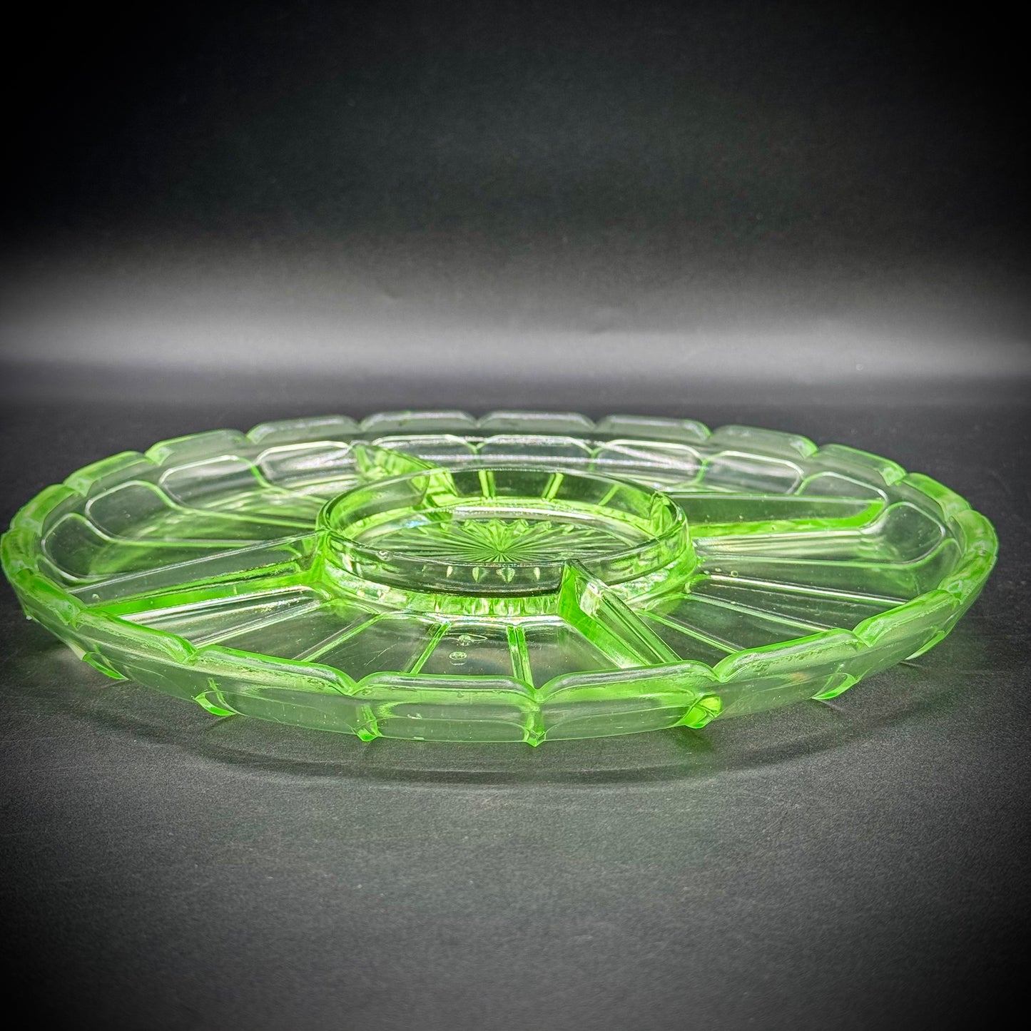 Vintage Uranium Depression Glass Divided Relish Plate
