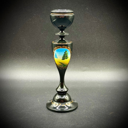Vintage Hand Painted Black Lacquerware Candlestick