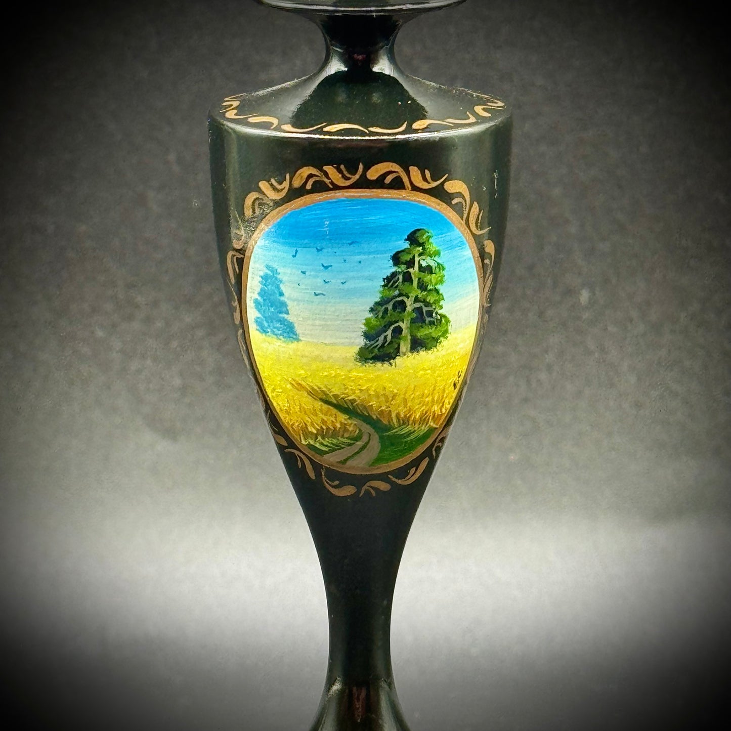 Vintage Hand Painted Black Lacquerware Candlestick
