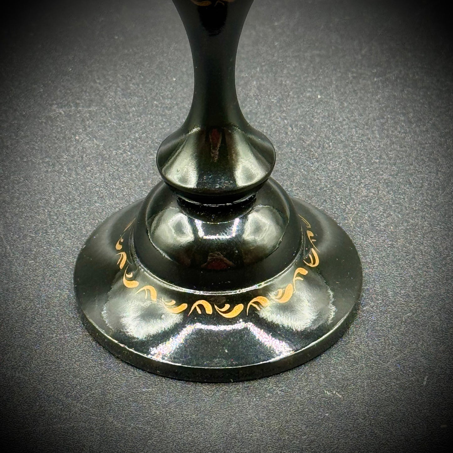 Vintage Hand Painted Black Lacquerware Candlestick