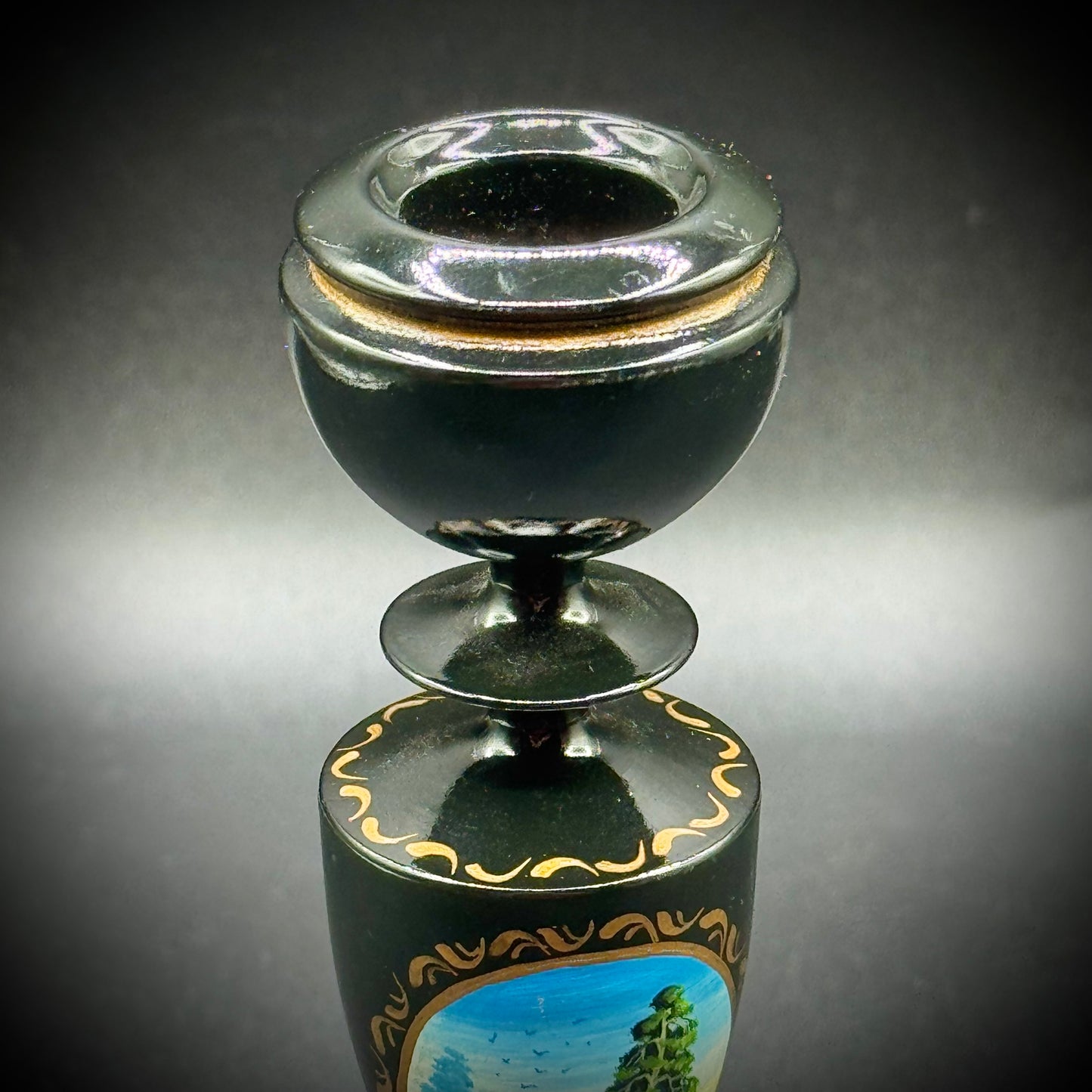 Vintage Hand Painted Black Lacquerware Candlestick
