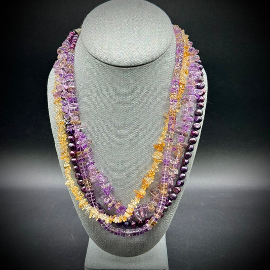 Stunning Multi-Strand Gemstone Necklace with Sterling Silver, Amethyst, Pearls, Citrine & Ametrine