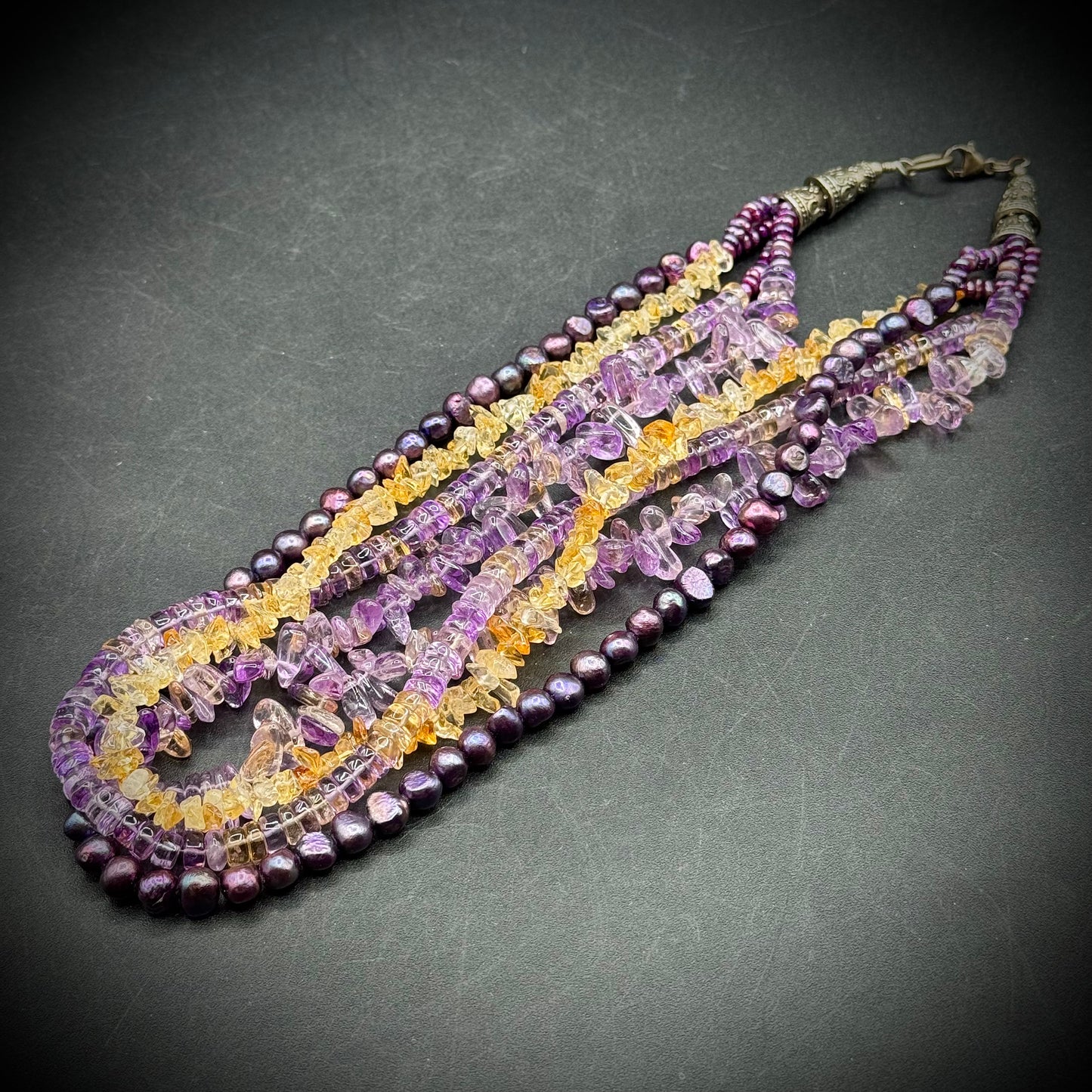 Stunning Multi-Strand Gemstone Necklace with Sterling Silver, Amethyst, Pearls, Citrine & Ametrine