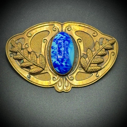 Victorian/Art Nouveau Sash Brooch with Blue Czech Glass