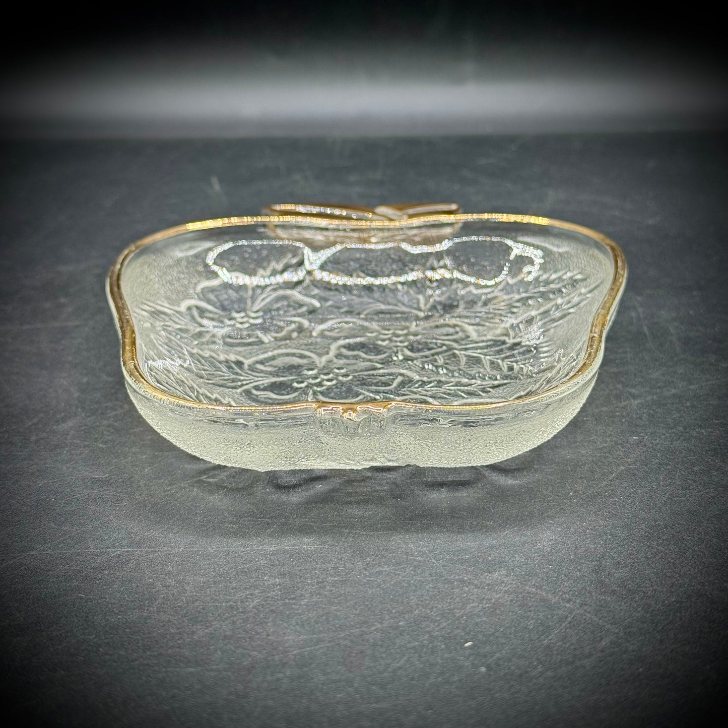 Gold Tone Trim and Glass Apple Candy/Nut Dish