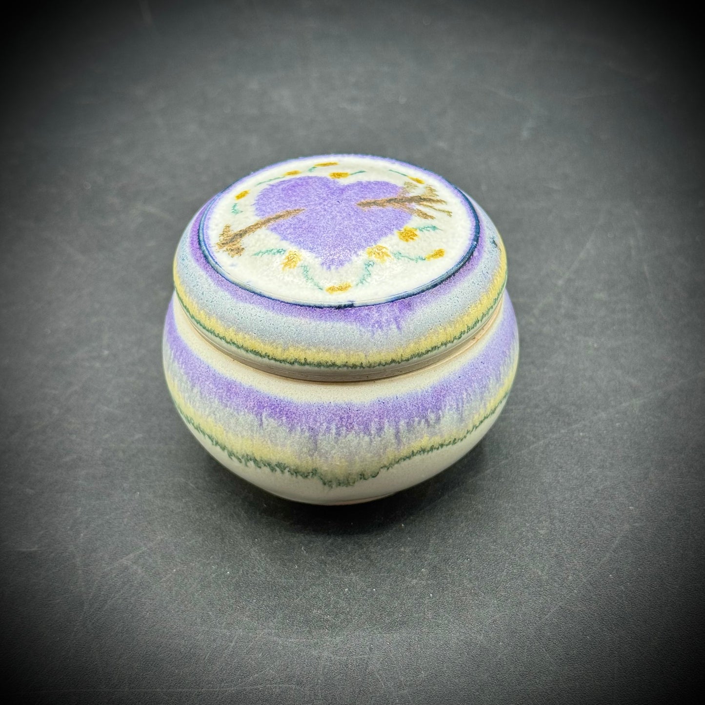 Artist Signed Pottery Trinket Box with Heart Motif