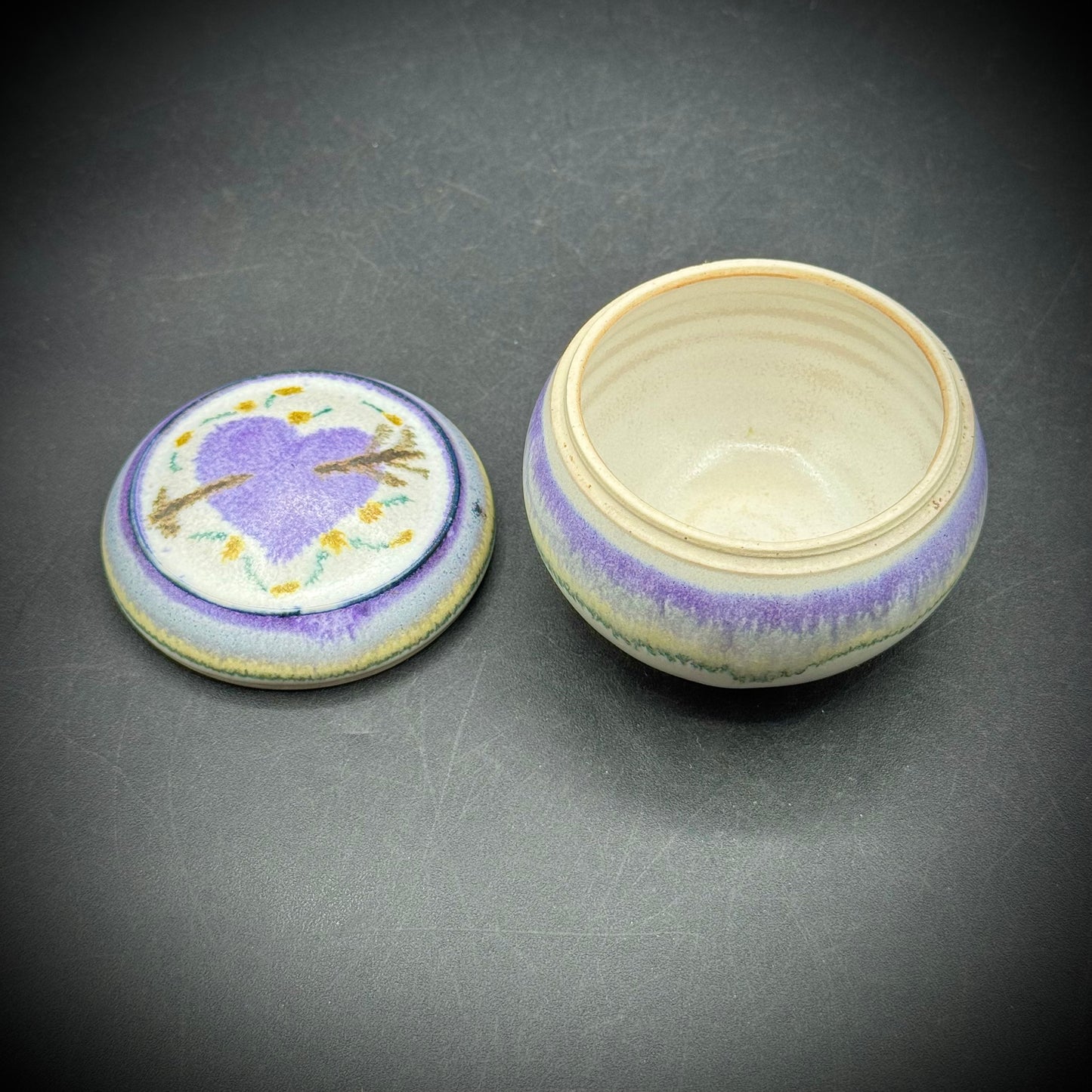 Artist Signed Pottery Trinket Box with Heart Motif