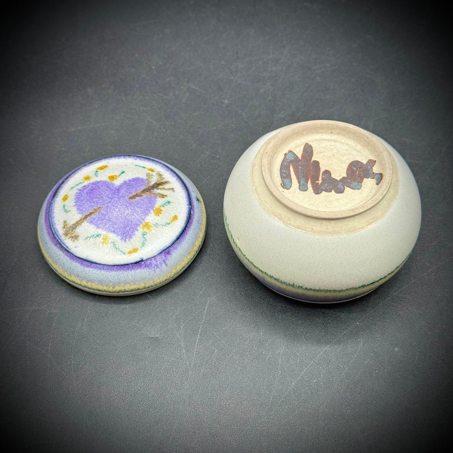 Artist Signed Pottery Trinket Box with Heart Motif