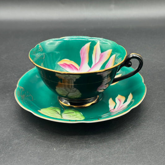 Vintage Princess Fine Bone China Green Flower Teacup & Saucer - Made in Occupied Japan