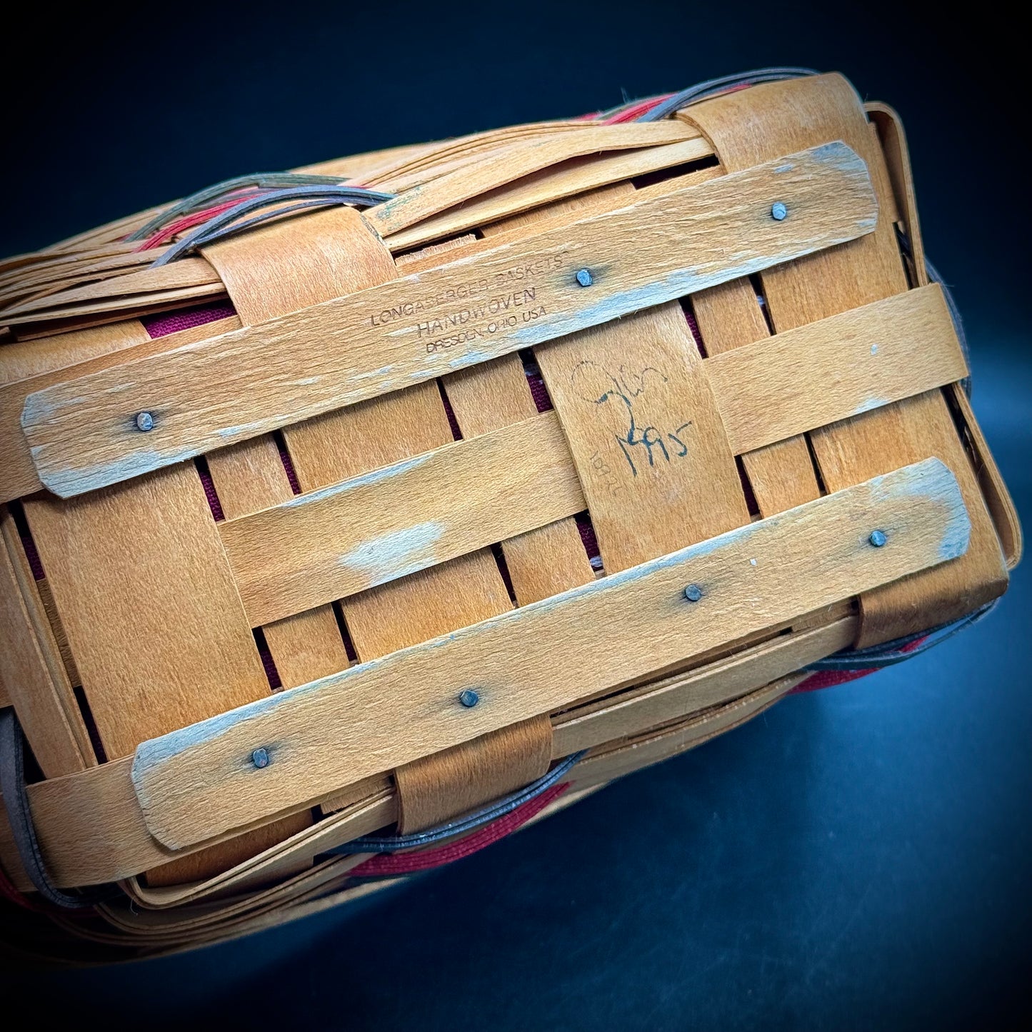 Vintage 1995 Signed Longaberger Angled Basket with Plastic Insert & Lining