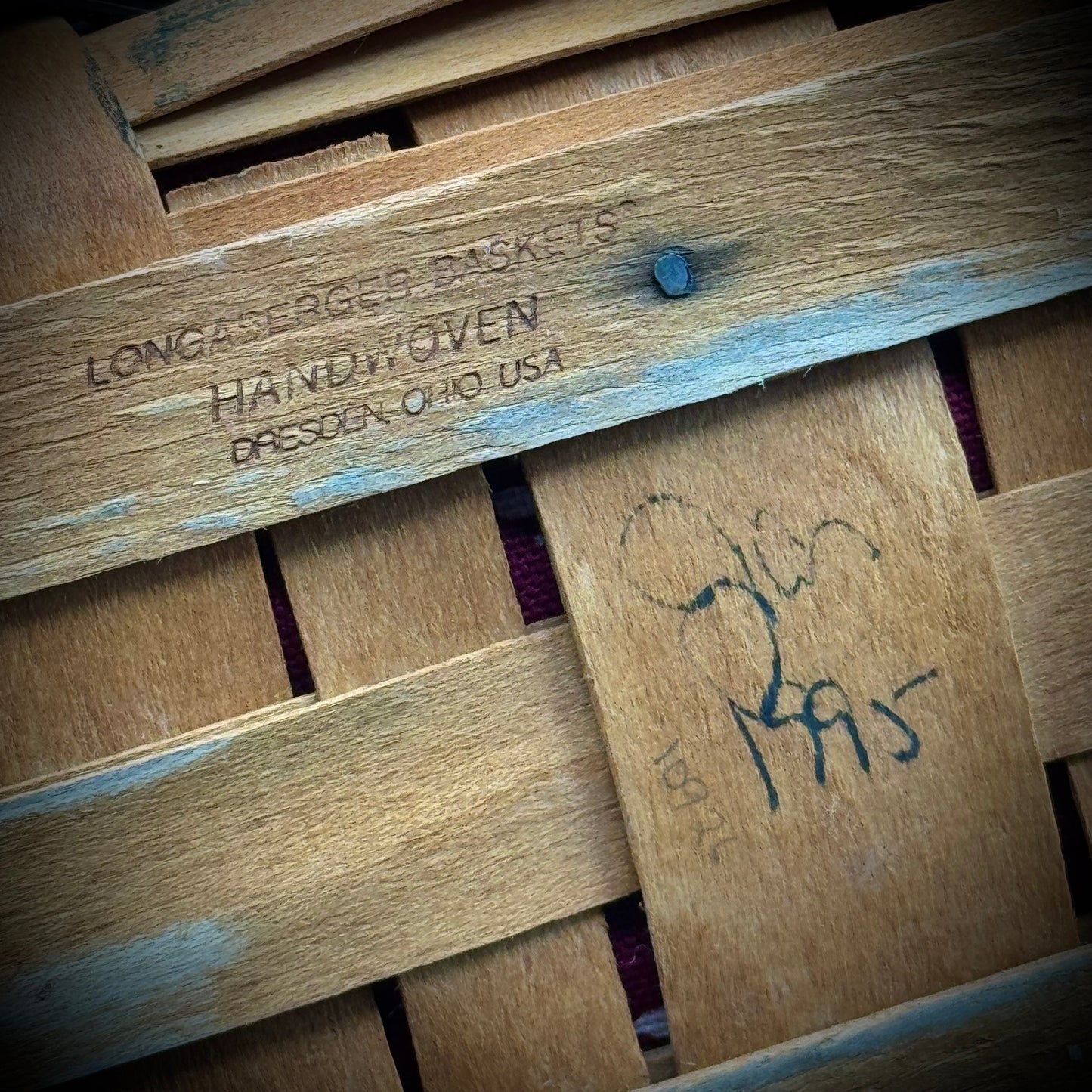 Vintage 1995 Signed Longaberger Angled Basket with Plastic Insert & Lining